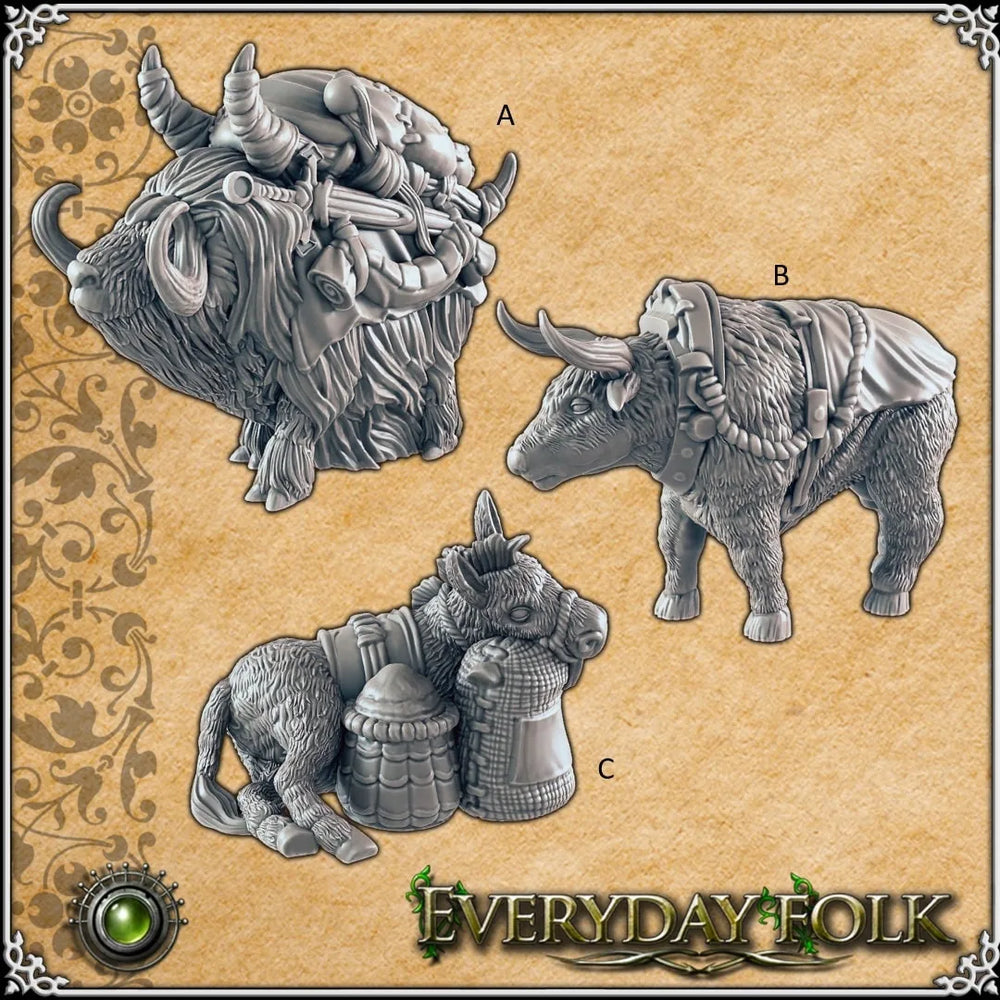 Âne, Pak Yak, Bœuf mini set pour DnD - EC3D, Gens du village | Gens de tous les jours | Animal | Bête | Familier | Monture | 28mm 32mm | Pathfinder | Fantaisie