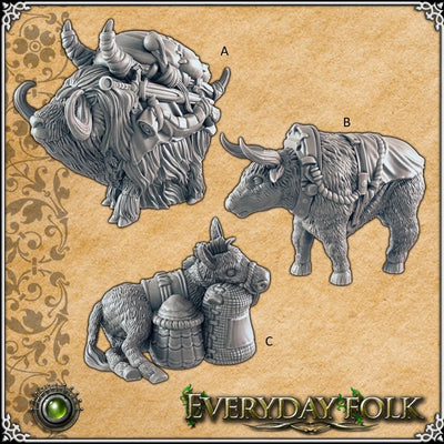 Donkey, Pak Yak, Oxen mini set for DnD - EC3D, Townsfolk | Everyday Folk | Animal | Beast | Pet | Mount | 28mm 32mm | Pathfinder | Fantasy