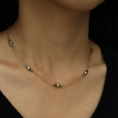 IMANI: Mix Bead Dainty Gold Chain Necklace featuring Natural Stones