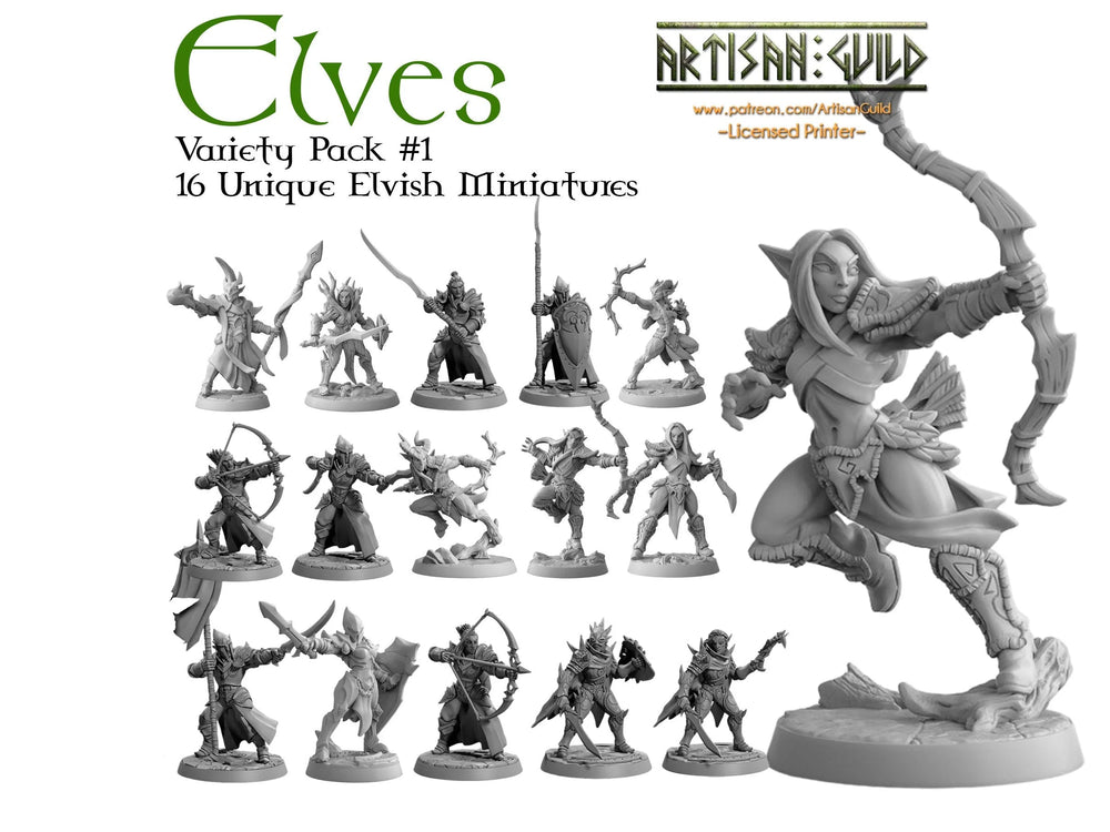 DnD 16 Elf Mini Variety Pack #1  - Artisan Guild | Elves | Ranger | Fighter | Rogue | Bundle | Pack | Barbarian | Wood | High | Drow | Unit