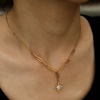 MALVINA Collier à Maillons Mixtes avec Pendentif Étoile Sertie de Zirconiums