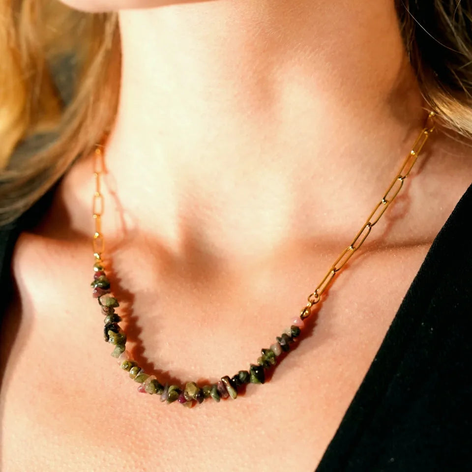 Collier SALINAS – Chaîne à maillons trombone et pierres précieuses de TOURMALINE