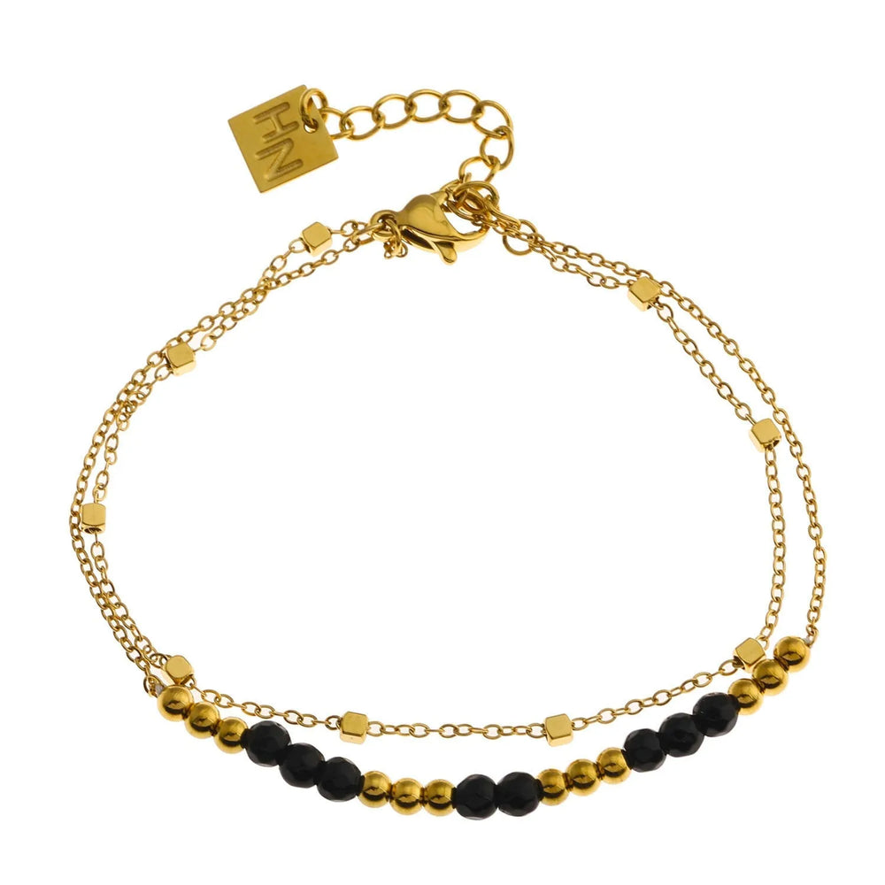 HILDA : Bracelet deux-en-un avec perles carrées et rondes noir et or.