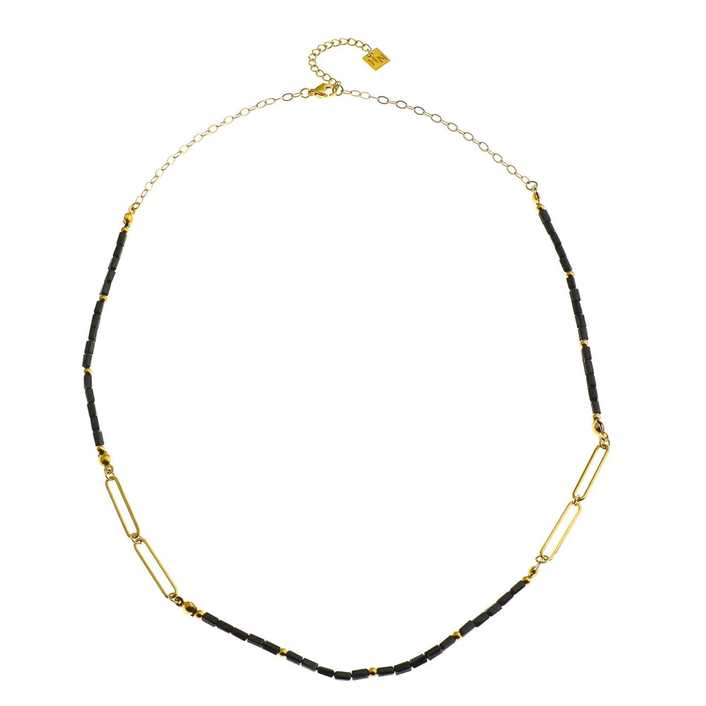 Collier LORENA à Maillons "Paperclip" Perlés Noir et Or