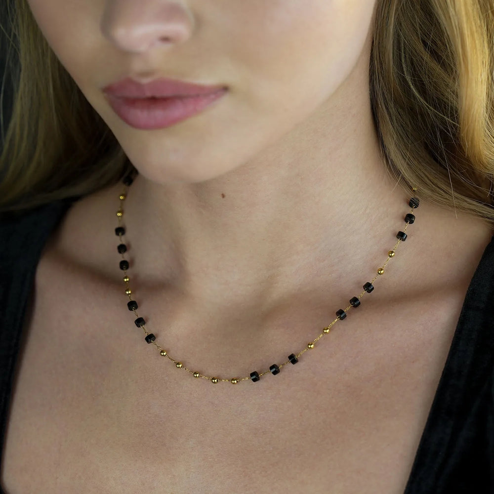 SANTA CRUZ Or: Collier à Perles en Onyx Noir et Doré