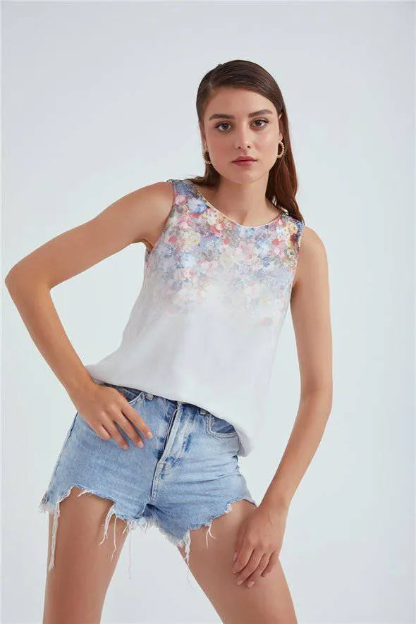 Haut à col ras du cou, imprimé floral ombré en georgette - Blanc