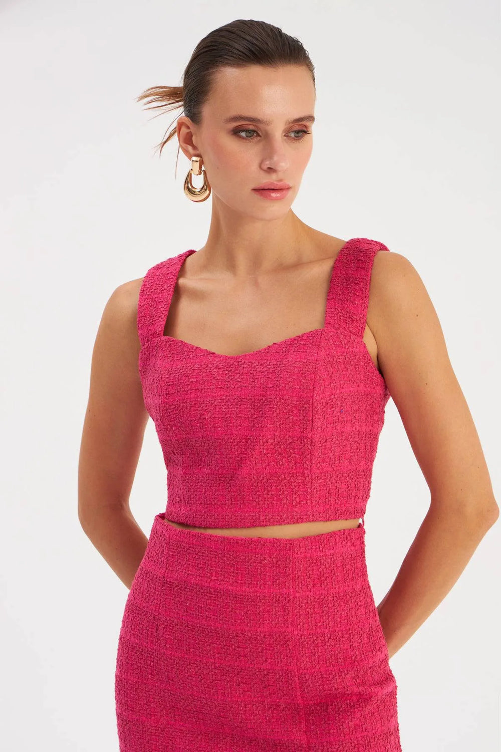 Blouse courte à bretelles en tweed - Fuchsia