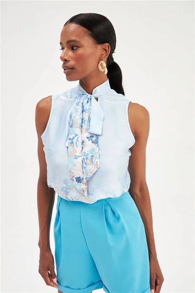 Blouse à col écharpe à motif floral dégradé - Bleu