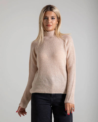 Chandail à col roulé en mohair à manches longues - Beige