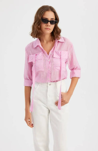 Chemise courte rayée en coton - rose