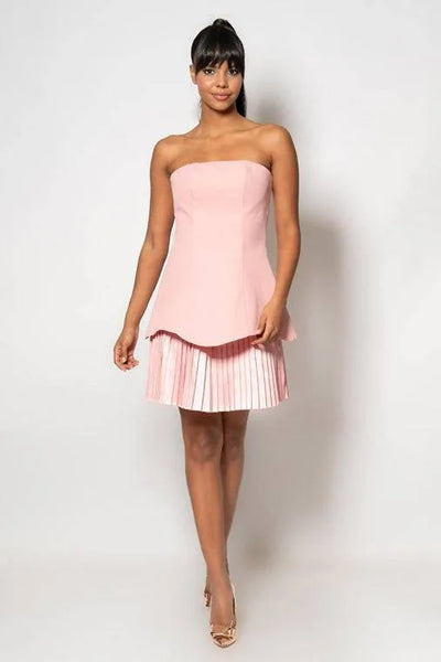 Robe bustier à double jupe plissée, longueur genou - Rose