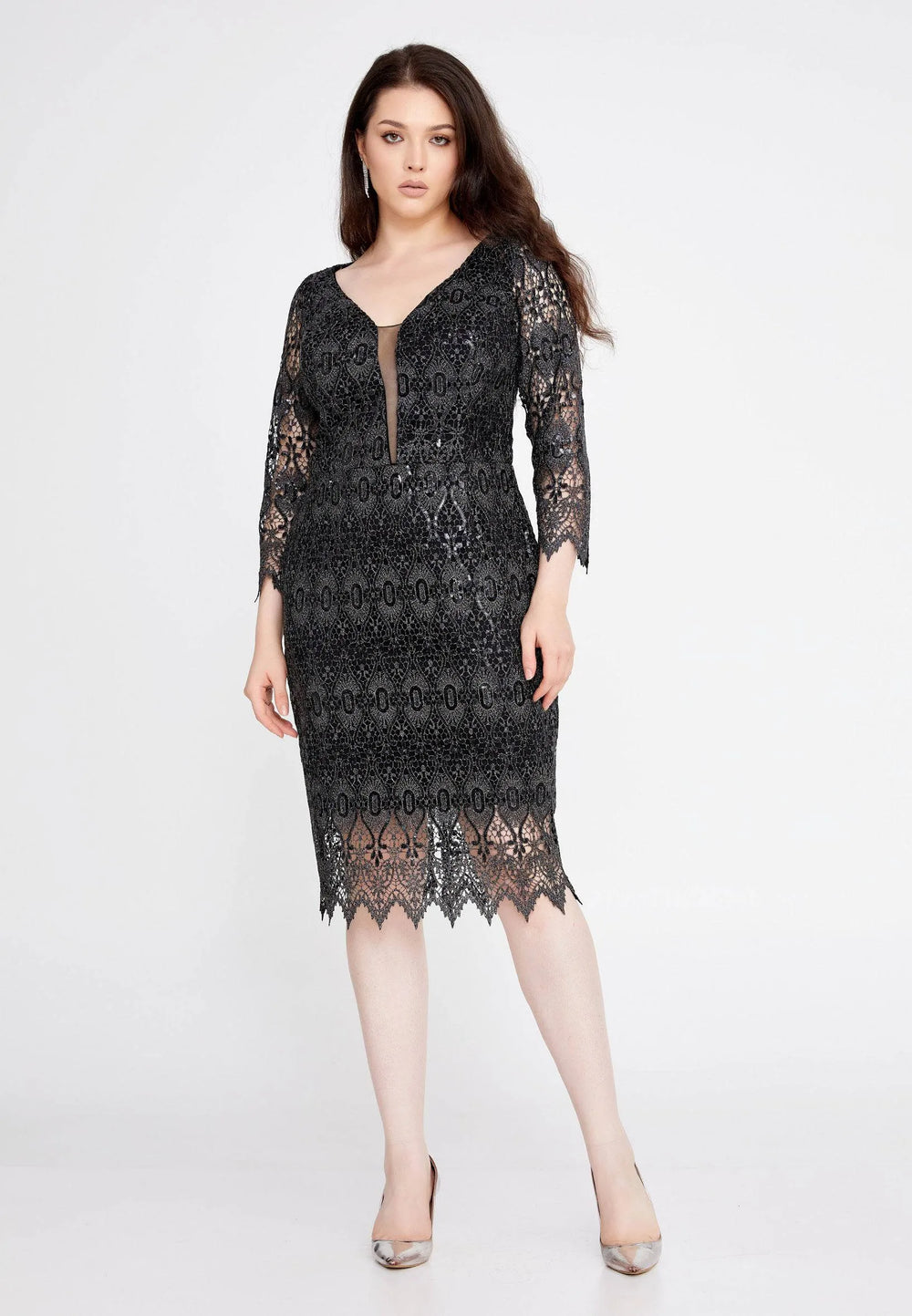 Robe mi-longue en dentelle, coupe colonne, grande taille - Noir