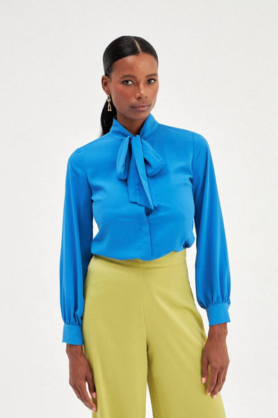 Chemise à Manches Longues Uni avec Col Cravate - Bleu Royal