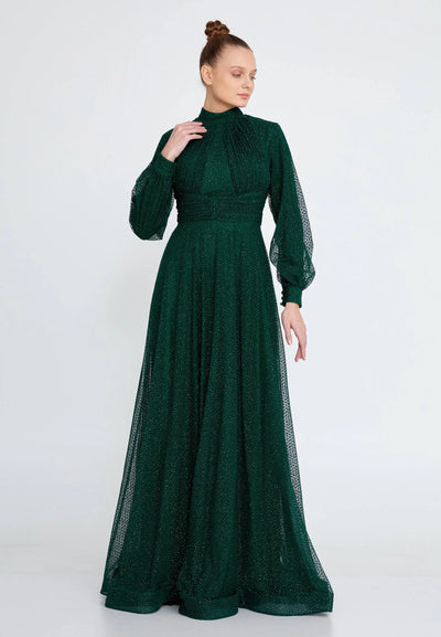 Robe longue modeste en mousseline scintillante à manches longues - Émeraude