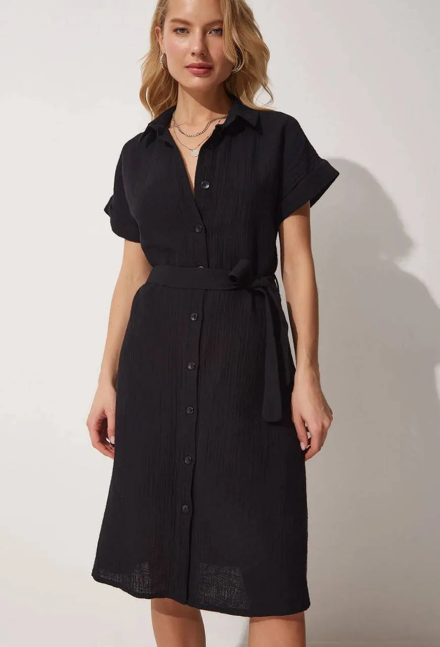 Chemise Habillée à Manches Courtes Repliées et Col Boutonné - Noir