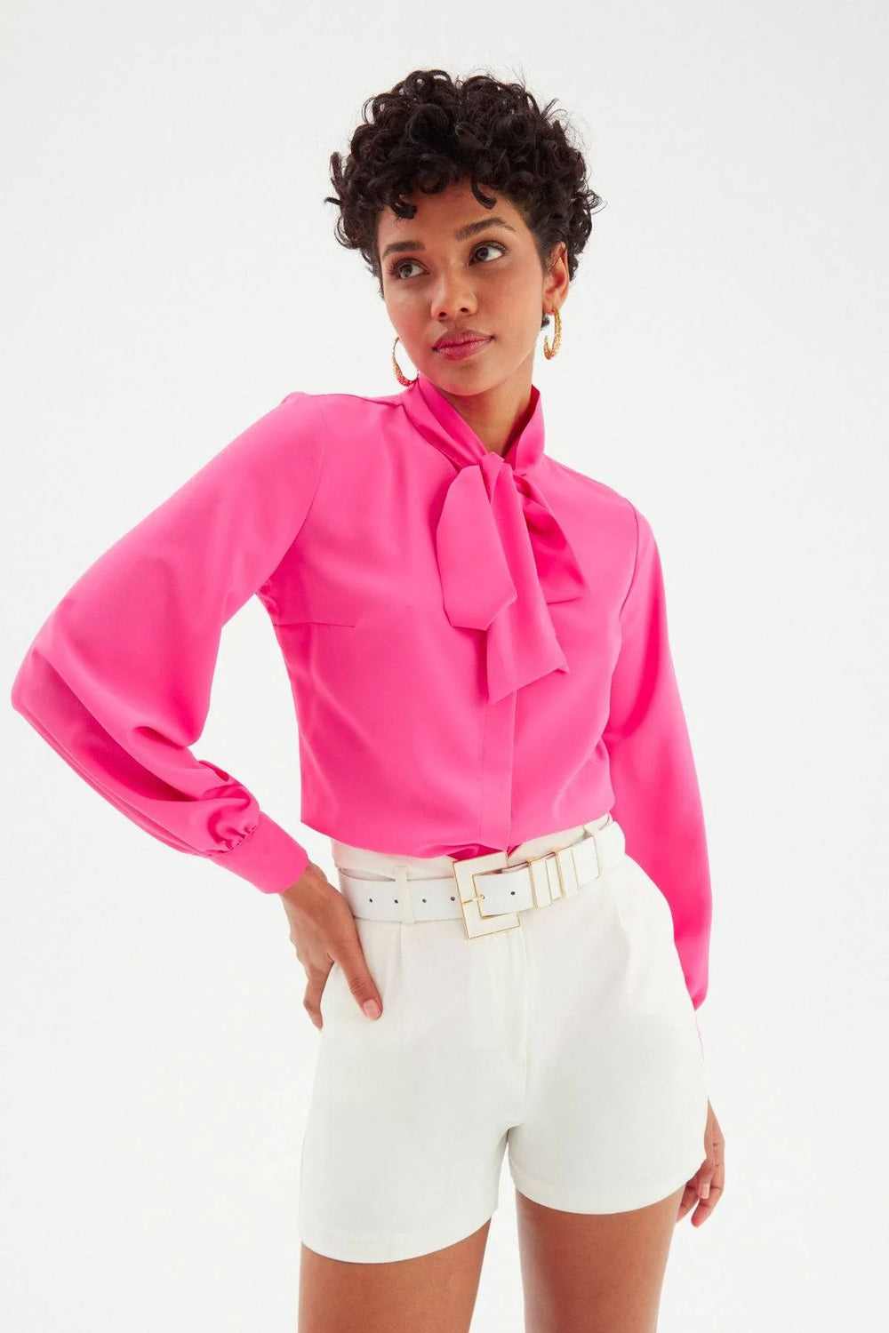Chemise à manches longues unie avec col noué - Rose vif