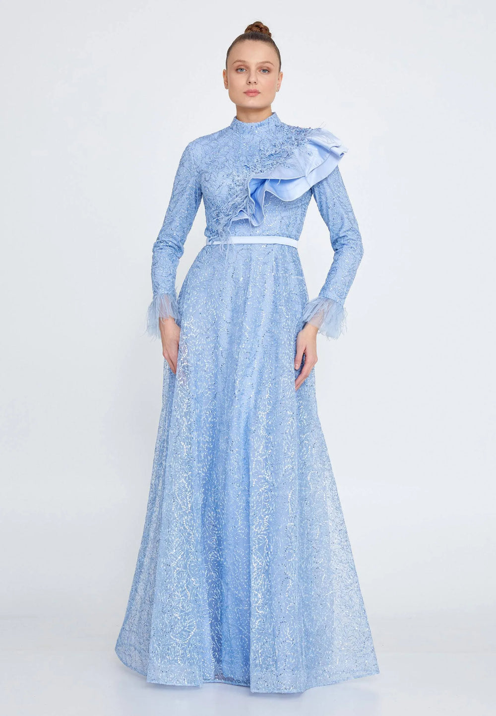 Robe Longue à Manches Longues en Dentelle avec Col à Volants - Bleu Bébé