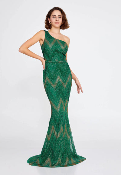 Robe de soirée sirène longue en tulle à une épaule et perles - Vert émeraude