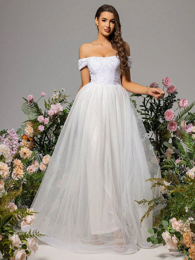 Robe longue à épaules dénudées en velours et paillettes avec jupe en mousseline - Blanc