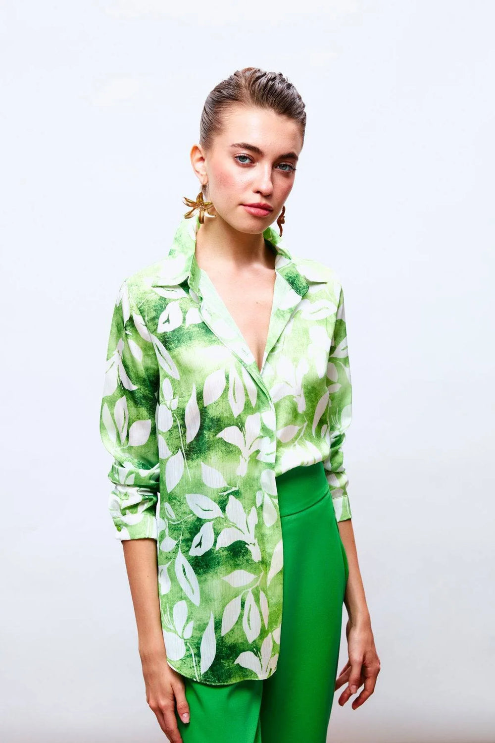 Chemise à Manches Longues Motif Feuille - Vert