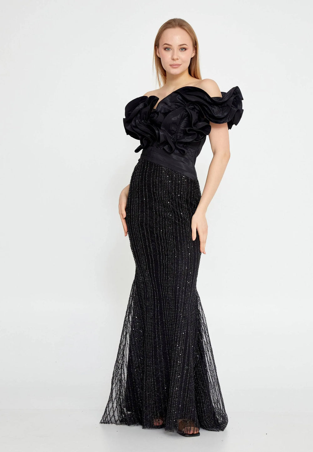 Robe de soirée longue en tulle style sirène, épaules dénudées - Noir