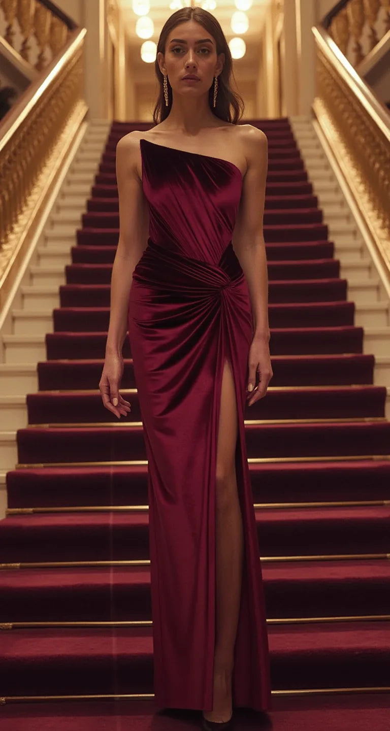 Robe Longue Velours Sans Bretelles à Enroulement avec Fente - Bordeaux