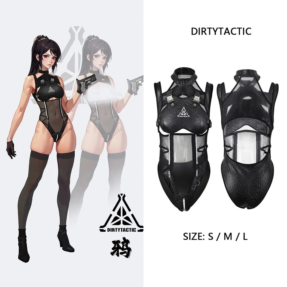 Combinaison Tactique Fille Anime en Cuir PU et Maille Transparente Sexy Cosplay