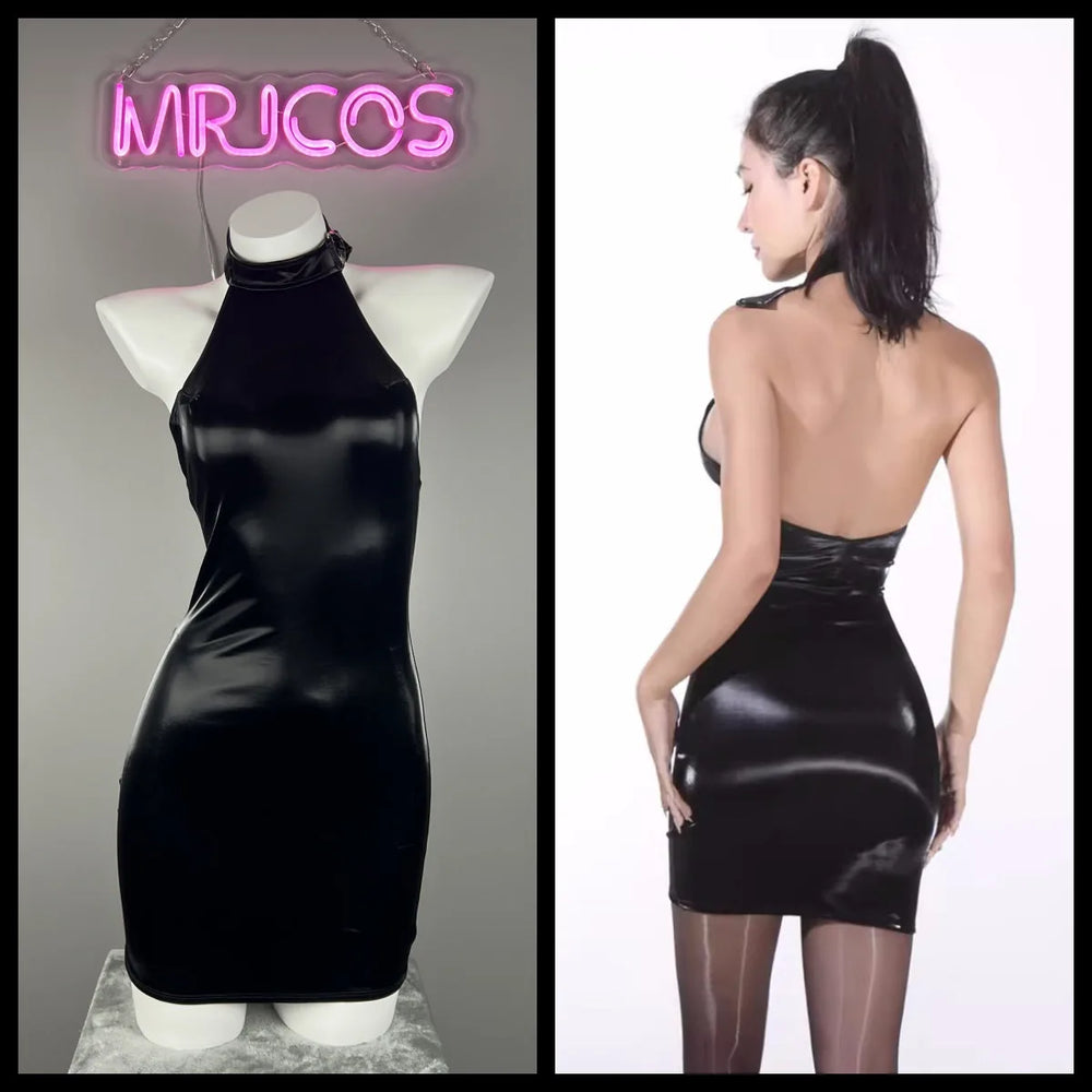 Robe de soirée gothique sans manches en similicuir à col licou