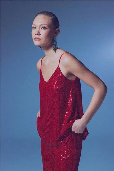 Camisole à fines bretelles à paillettes - Rouge