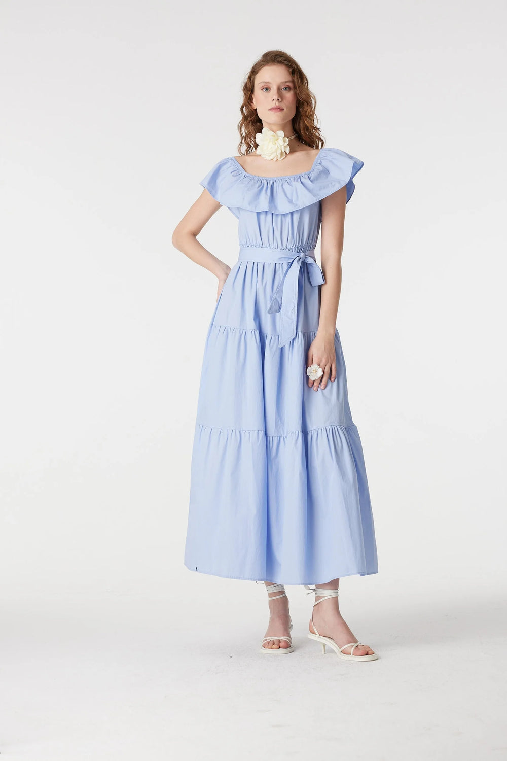 Robe Longue Bébé Bleu Coton Épaules Dégagées à Volants