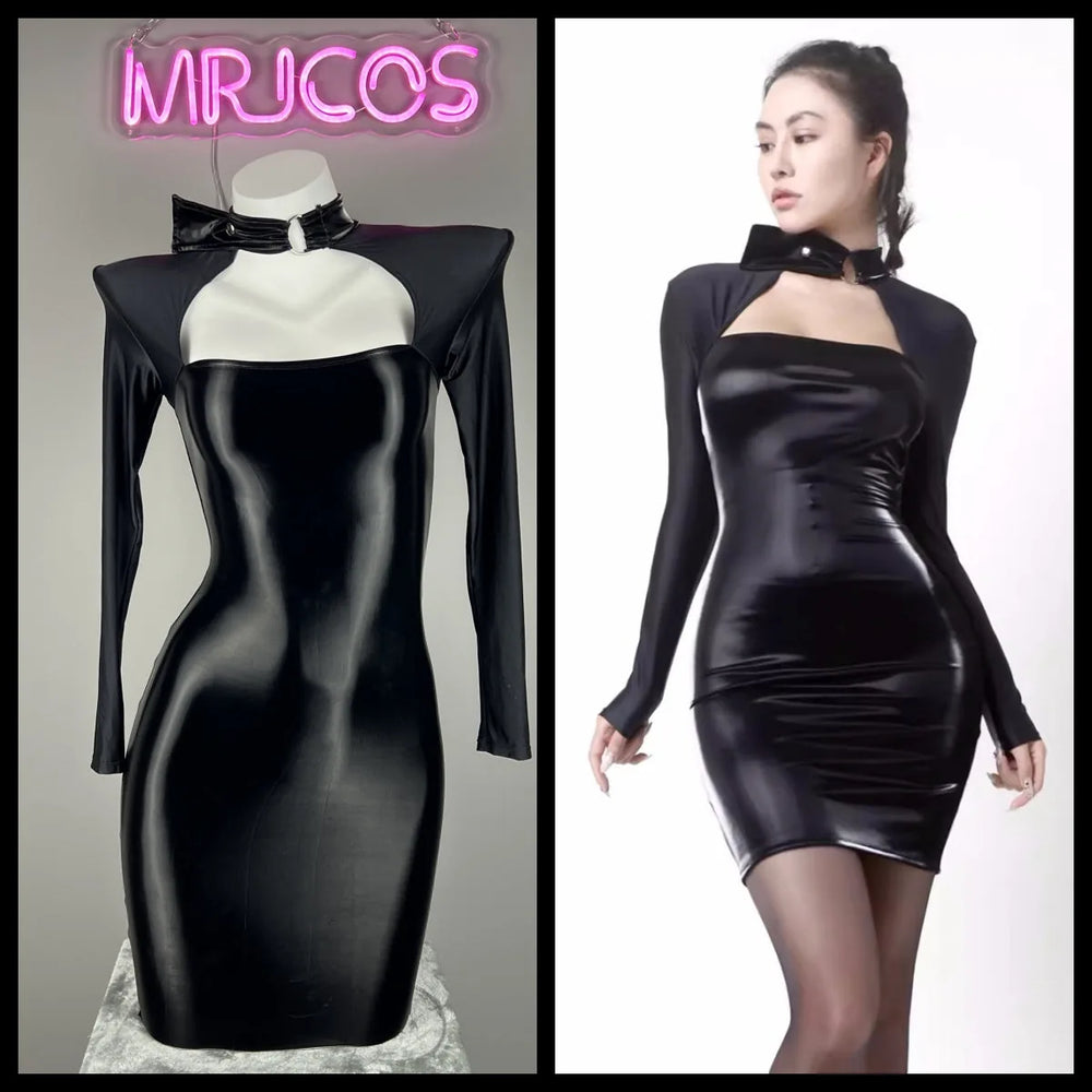Robe de soirée gothique à manches longues en Spandex et cuir PU ajustée