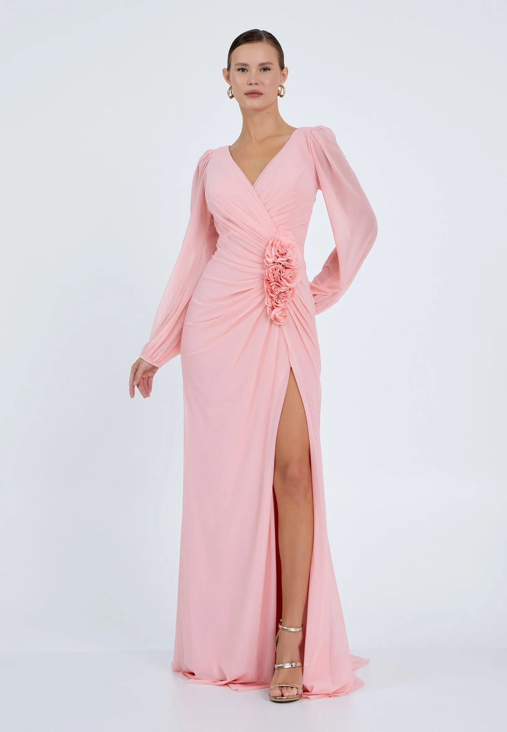 Robe longue à fleurs et fente - Pêche - Manches longues – Élégante robe de soirée