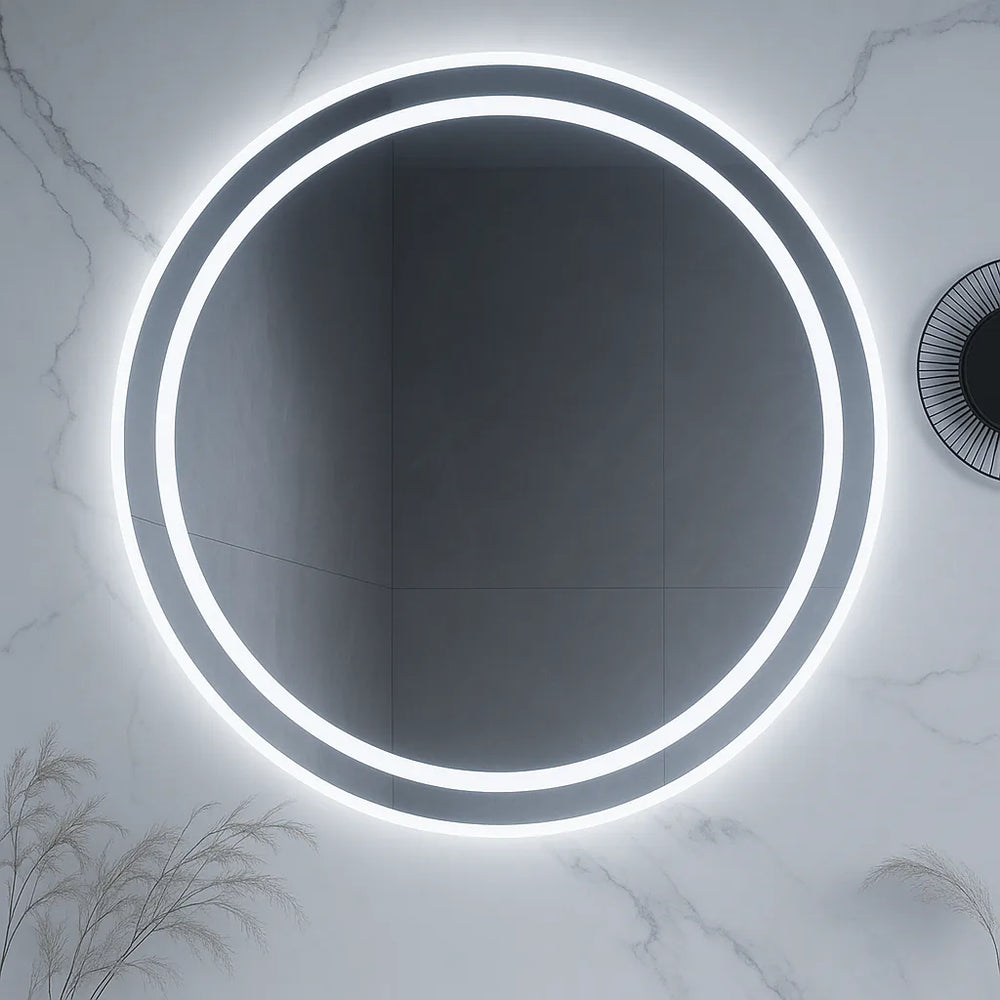 Miroir de salle de bain rond à DEL Ondelle — Anneau éclairé par l'avant + Halo rétroéclairé, anti-buée, graduable | 24″, 28″, 32″