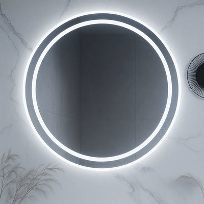 Miroir de salle de bain rond à DEL Ondelle — Anneau éclairé par l'avant + Halo rétroéclairé, anti-buée, graduable | 24″, 28″, 32″