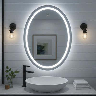 Ondelle Oval LED Bathroom Mirror — Front-Lit Ring + Backlit Halo, Anti-Fog | 24″×32″, 30″×36″