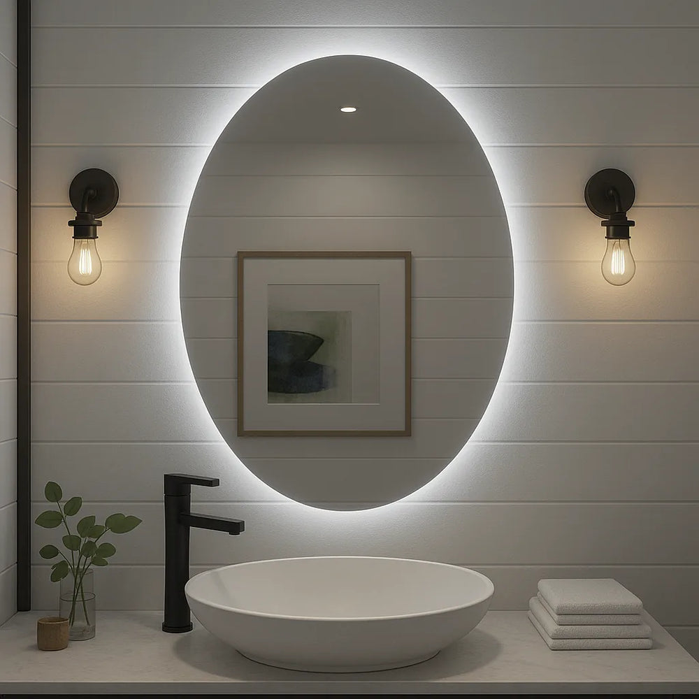 Miroir de salle de bain Ondelle ovale rétroéclairé à DEL — Antibuée, graduable avec mémoire | 24″×32″, 30″×36″