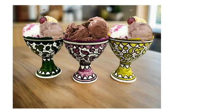 Tasse à dessert en céramique artisanale – Bol à crème glacée et sundae | Rose, Jaune, Vert Royal