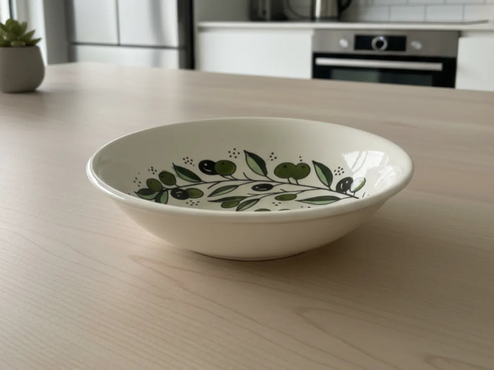 Bol de service en céramique fait à la main – Bol à soupe et salade de 7,5 pouces | Motifs Harmonie d'Olive et Rosier Fleuri