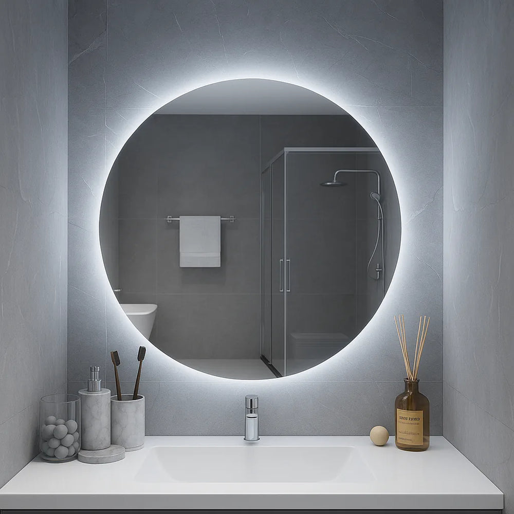 Miroir de salle de bain DEL Ondelle rond rétroéclairé — Halo 3-CCT graduable, câblé | 24″, 28″, 32″