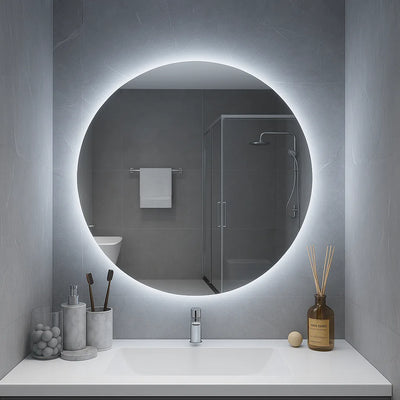 Ondelle Round Backlit LED Bathroom Mirror — Dimmable 3-CCT Halo, Hardwired | 24″, 28″, 32″