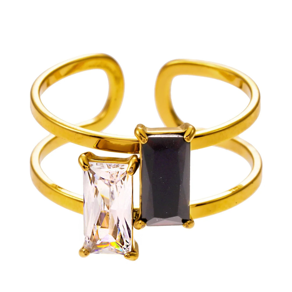 Bague RIADEL : Double Éclat, Zirconia Noir & Clair