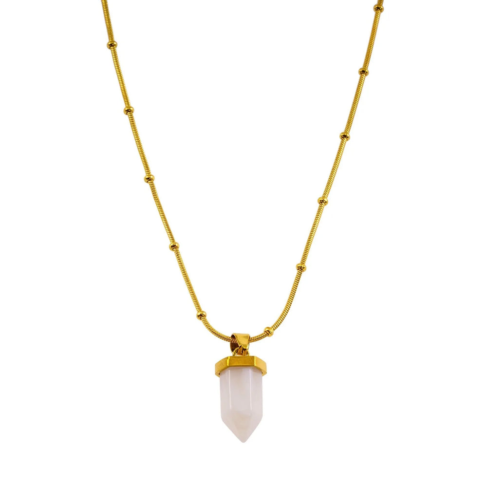 MAKEDA: Amethyst Stone Pendant Anchored on a Beaded Snake Skin Textured Chain Necklace