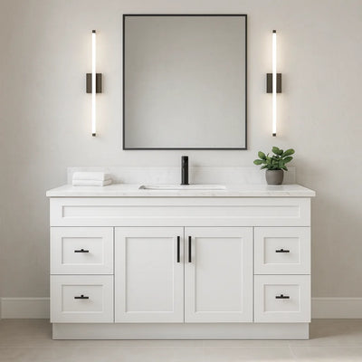 Meuble-lavabo simple Shaker de 72 pouces — Blanc ou gris | Caisson en contreplaqué, portes en bois massif, charnières à clipser à fermeture douce à 3 voies | 4 tiroirs, double porte centrale
