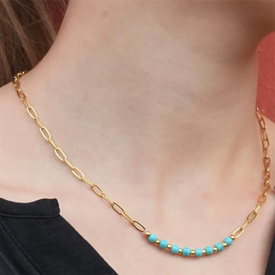 LIZBOA : Collier Combiné Chaîne à Maillons Trombone & Pierres CHALCHITE