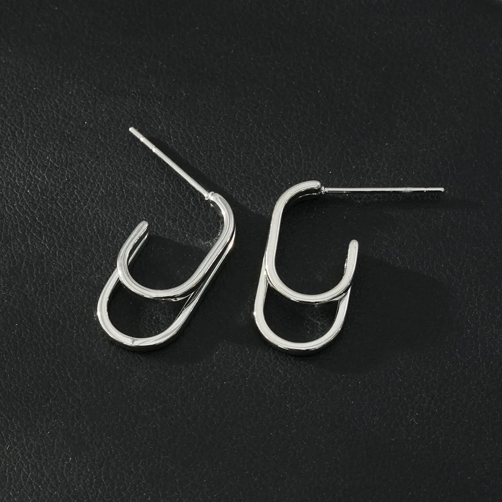 St SIMON White Gold (Silver Toned): Rounded Corners Double Rectangle Hoop Earrings