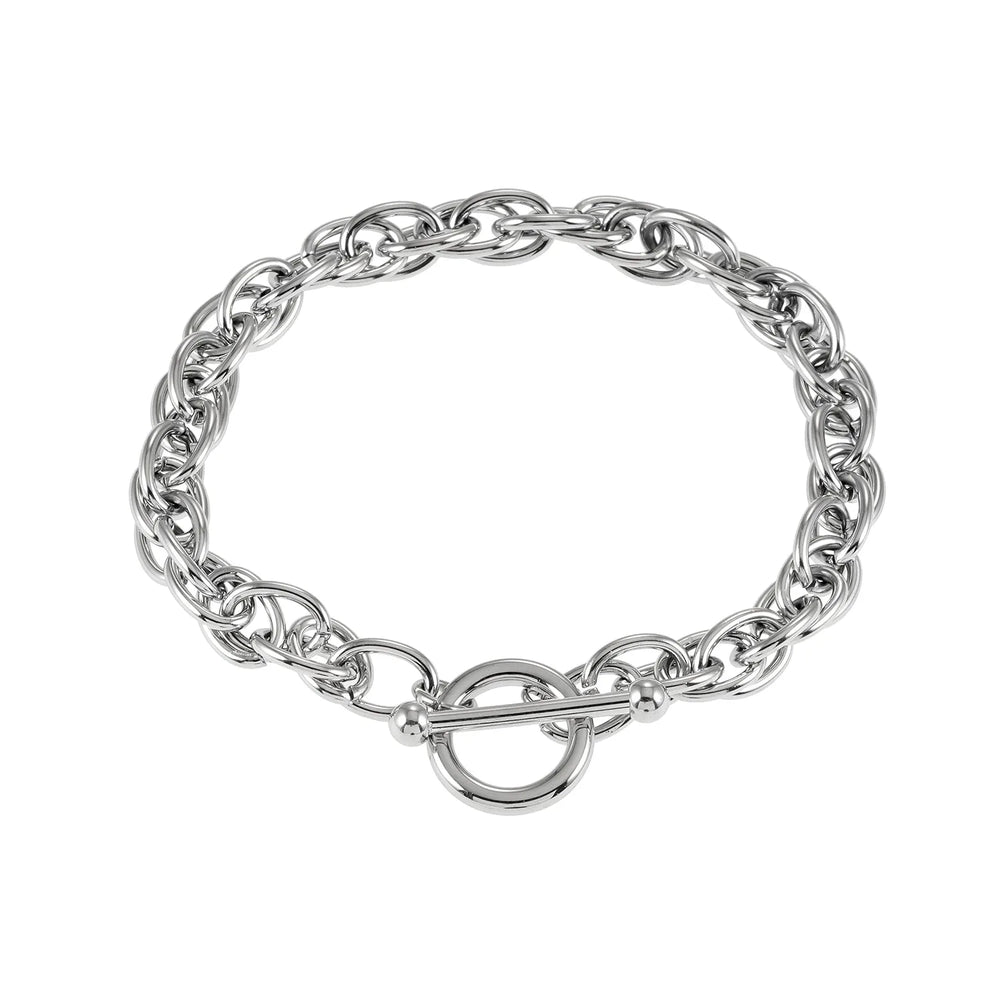 ARDA Argent (Or Blanc) : Bracelet à maillons multiples, épais et complexes, avec cercle et fermoir T