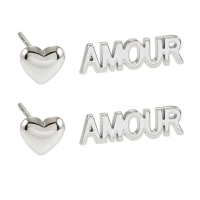 Symbole AMOUR & CŒUR – Boucles d'oreilles clous « Statement » 2 paires en argenté or blanc