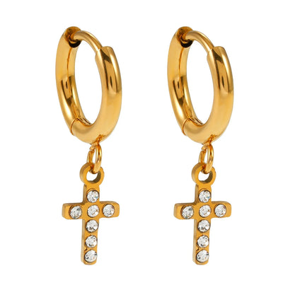 ISTEN Or : Mini Créoles avec Croix Pavée de Zirconia