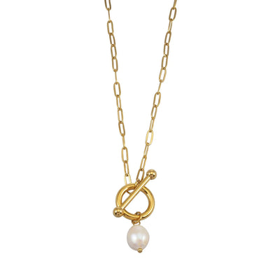 D'ANGELA Or : Collier chaîne trombone avec fermoir à bascule et breloque perle