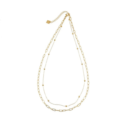 CASTILIA Gold Necklace:  Double Stacked Paper Clip Chain &  Beaded Chain - Dazzle in Duality.